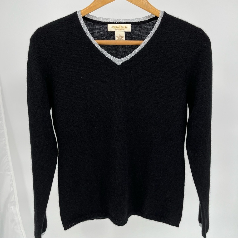 Peck & Peck Womens 2 Ply Cashmere Sweater Size S Black With Silver Accent